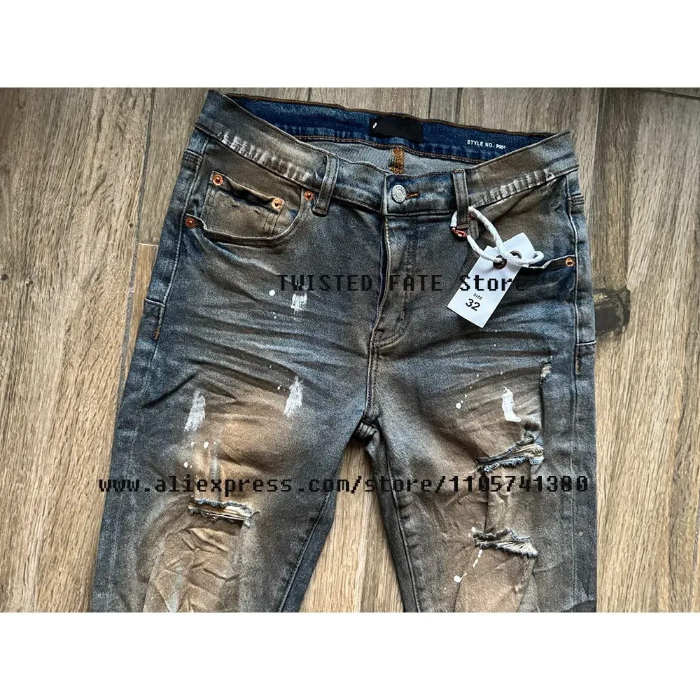 ผู้ชาย High Street Distressed Dirty Washed สีฟ้าตัดยืด Skinny & Slim Fit สเปรย์ทาสี Ripped กางเกงยีนส์ — image 3