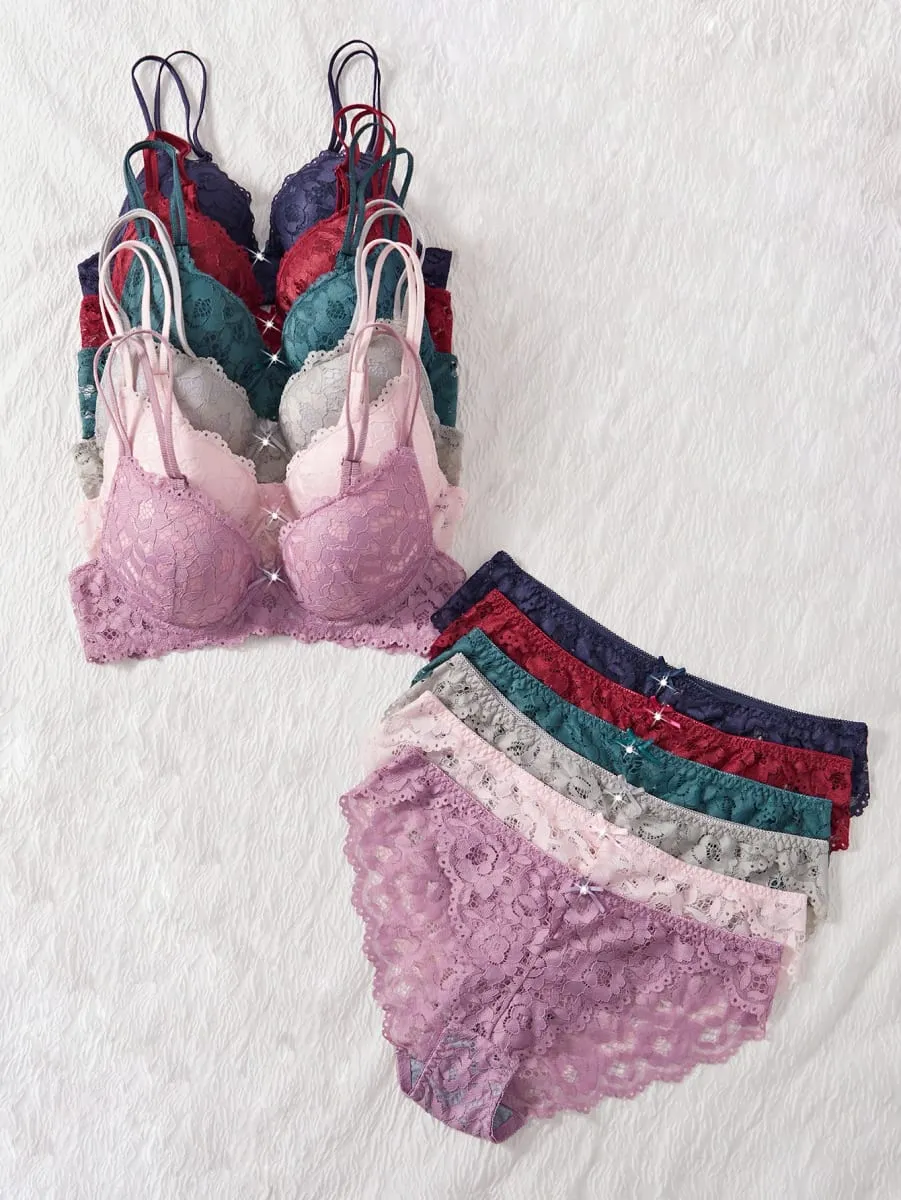 6-Piece Set Women's Bra and Panties Set Sexy Patterned Lace Patchwork No Lining Comfortable Fitting Women's Push-Up Bra Women's Underwear Set — image 4