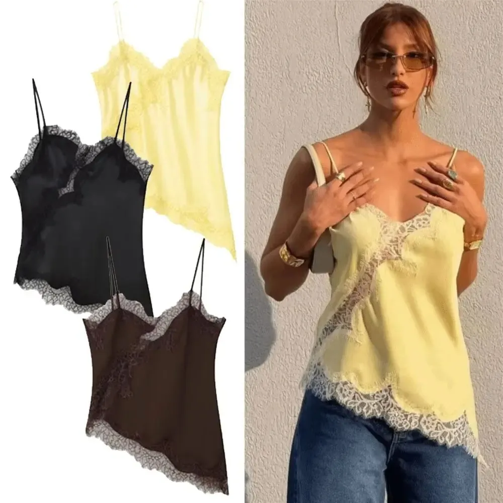 Thanh lịch Bất Đối Xứng Ren Ren Miếng Dán Cường Lực Top Không Tay Hở Lưng Yếm Áo Cổ Chữ V Ren Nữ bể Mặc Mùa Hè — image 4