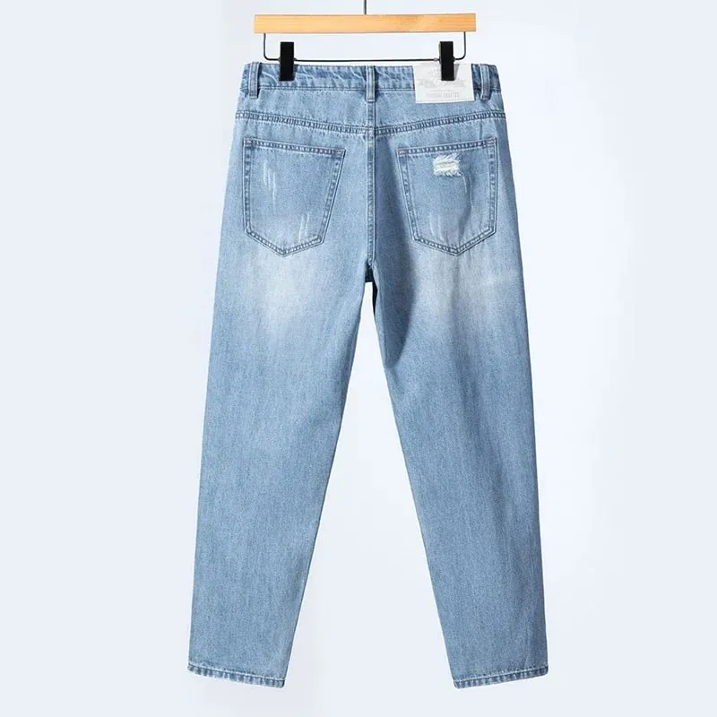 Seluar Jeans Koyak Nipis Musim Panas Lelaki Lurus Bernafas Denim Seluar Kasual Pakaian Jalanan Harlen Seluar Panjang Buku lali Biru Muda — image 3