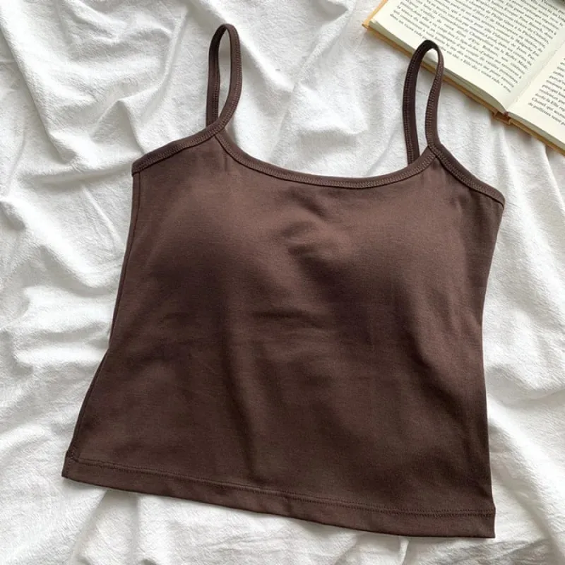 ผู้หญิงสีทึบสายรัดแขนกุด Slim Camisole พร้อมแผ่นหน้าอกสบาย Daily TOP Travel ภายในกีฬาผ้าฝ้ายเสื้อกั๊ก — image 9