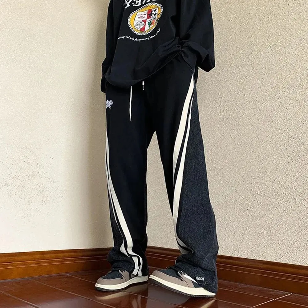 Mens Y2K Tracksuits Denim Drawstring Casual Pants Street Straight Pants Unisex Fashion Stitching Contrast Jeans Hip-Hop Trousers — image 11