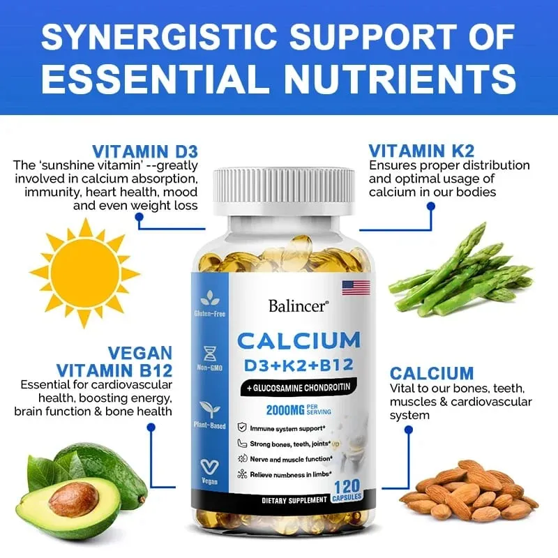Balincer Vitamin D3+K2+B12 2000mg Capsules for Bone Immune and Calcium Support 120 Capsules Non-GMO — image 2
