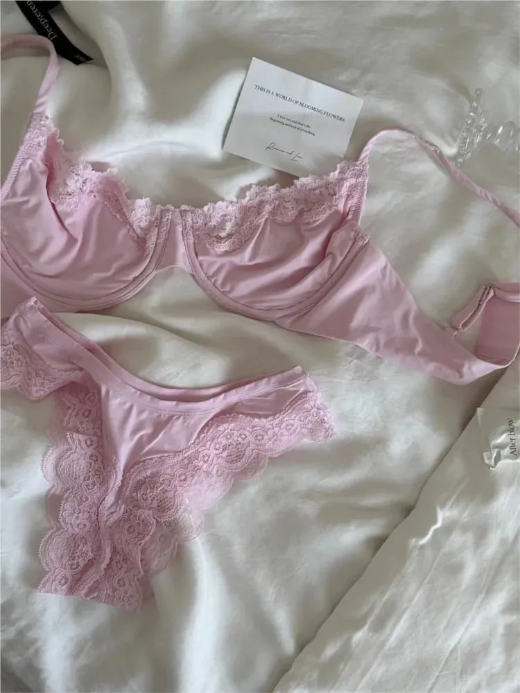 Pink Unlined Full Cup Bra Set Underwire Lace Trim Lift Comfortable Minimalist Seamless Skin-friendly Everyday Bras and Panty — image 1