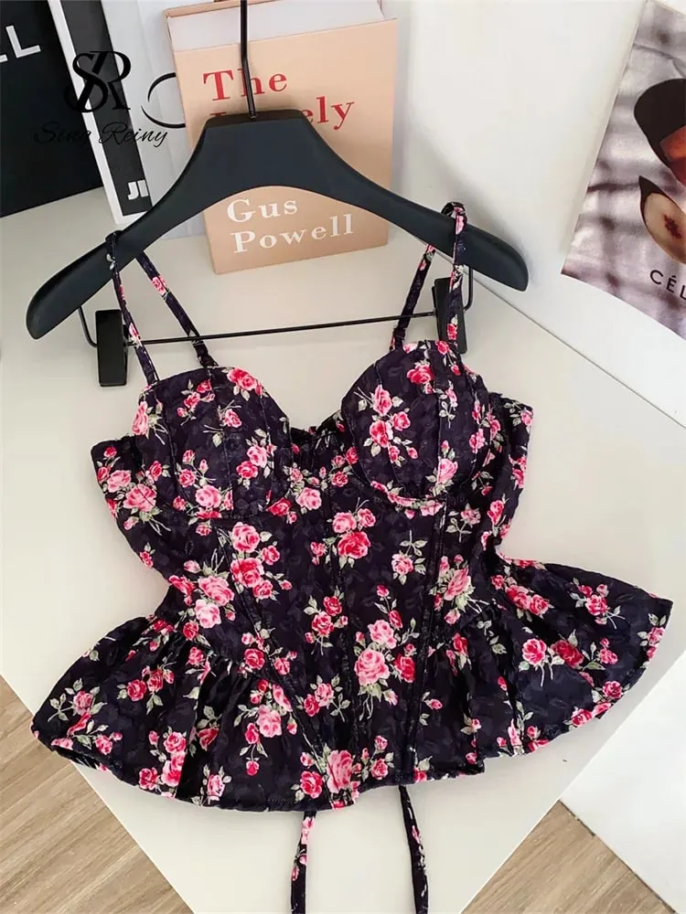 Corsetto francese Stampa Beach Canotta Donna Strap Irregolare Slim Hotsweet Camis e Top con Bretelline Streetwear Vacanza Bohe Sexy MIni Top — image 4