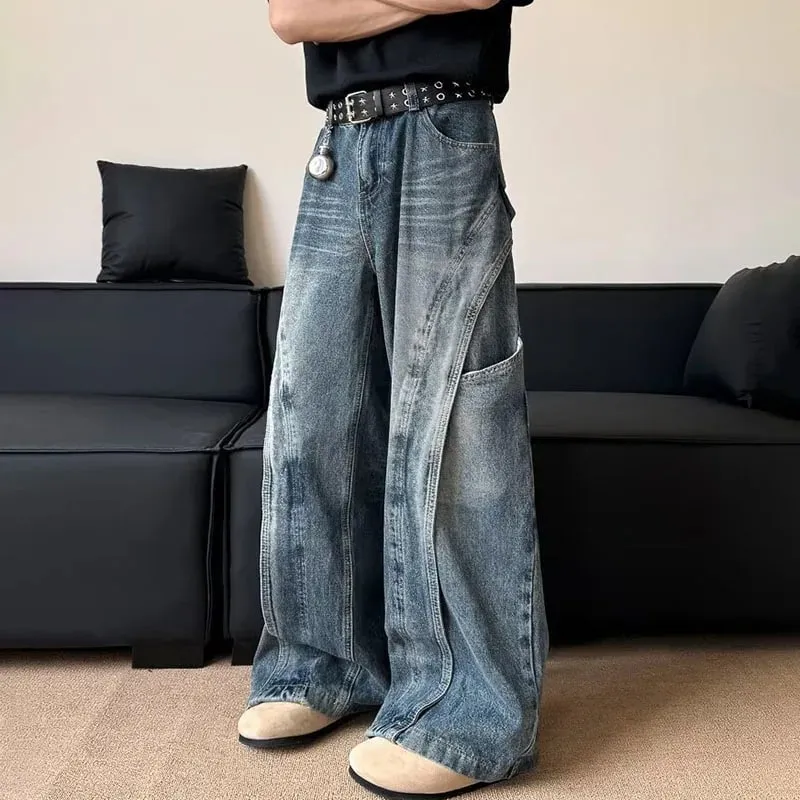 Wersja koreańska Męskie dżinsy z zakrzywionym nożem i luźnym wzorem retro Spodnie z prostymi nogawkami Casual, z dużą kieszenią i szerokimi nogawkami — image 3