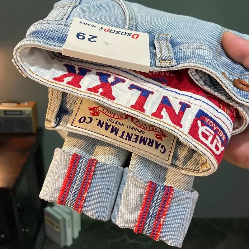 พิมพ์ปักฤดูร้อนอินเทรนด์กางเกงยีนส์ผู้ชายสีฟ้ายืดหยุ่น Slim Fit ขนาดเล็กกางเกงบาง — image 11