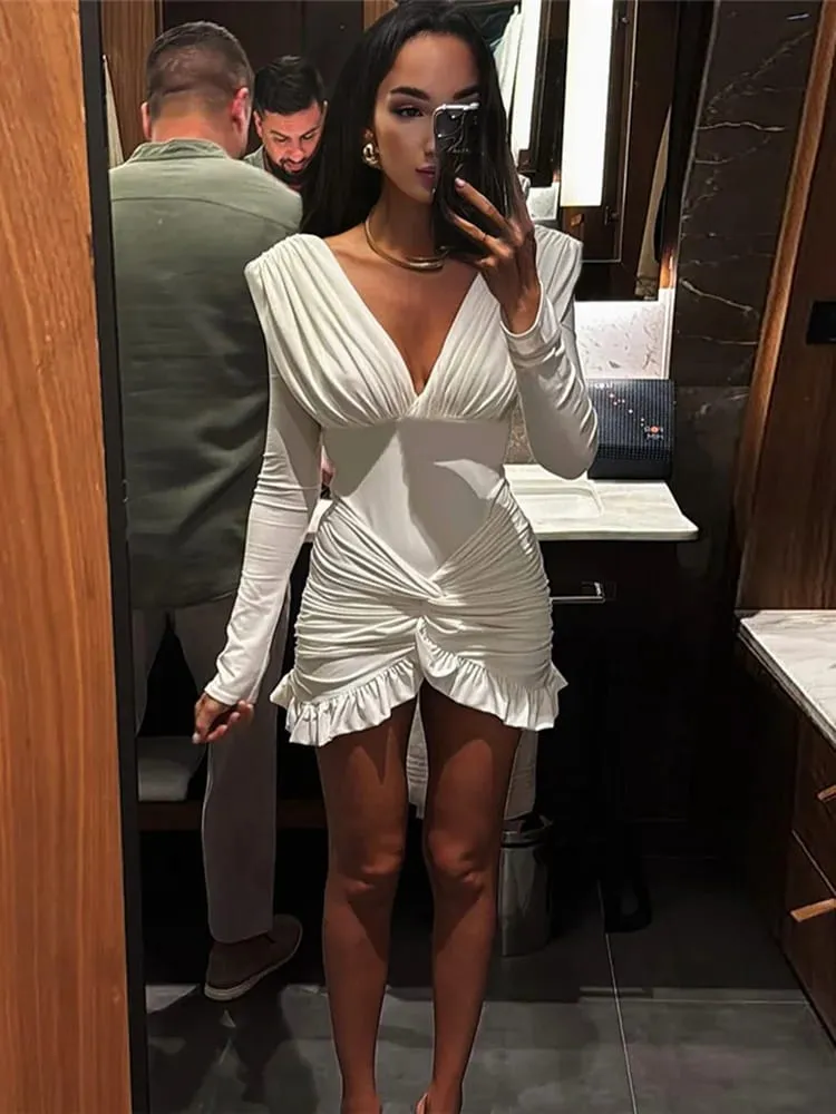kliou Cross Ruffle Trim Women Mini Dress Simple Solid V-neck Ruched Full Sleeve Body-shaping Frock Female Classic Street Vestido — image 4