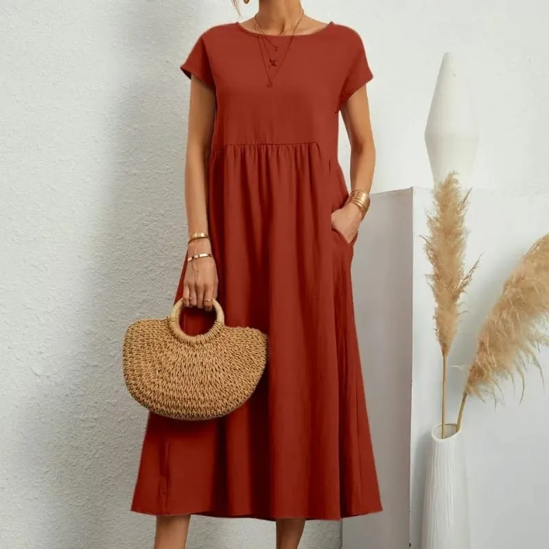 Gaun Linen Kapas Pepejal Premium yang Elegan Midi Musim Panas dengan Poket Longgar Leher Krew Kasual Lengan Pendek untuk Perjalanan Pantai — image 15