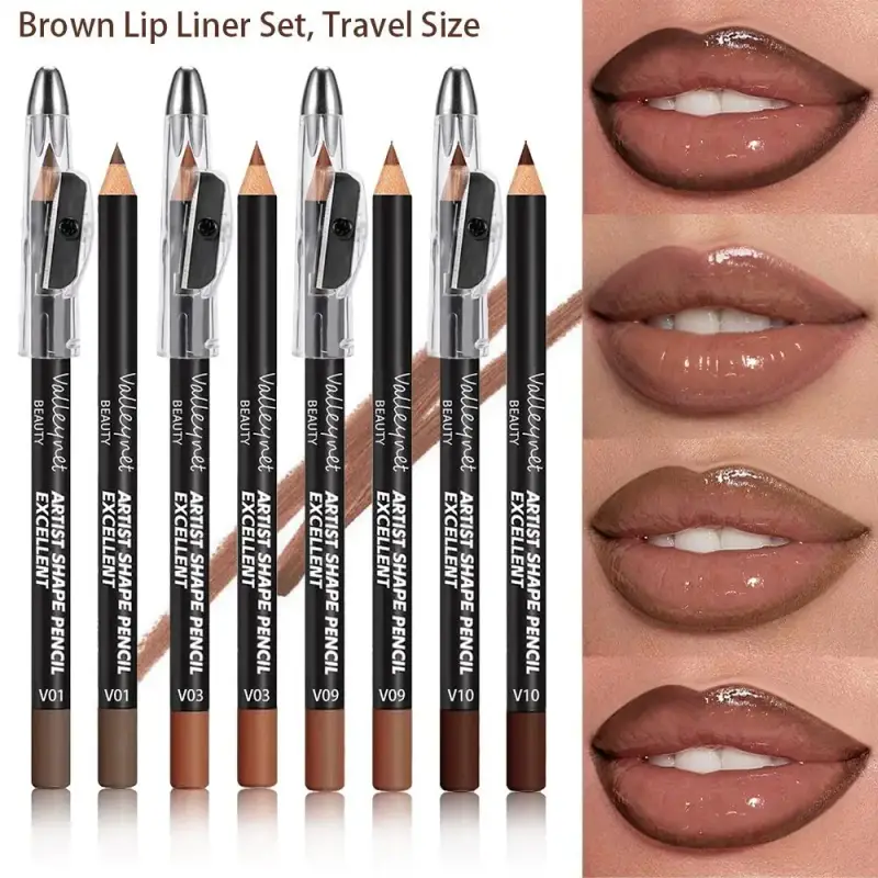 4 ชิ้น Brown Shades Lip Liner Set Matte Waterproof เข้ากันได้กับลิปกลอสและลิปสติกต่างๆ ขนาดกระเป๋าพกพา — image 2
