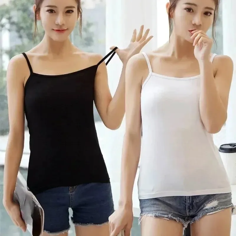 Women's Solid Color Spaghetti Straps Sleeveless Slim Camisole with Chest Pad Cotton Summer Wear Outside Female Short Tops Vests
