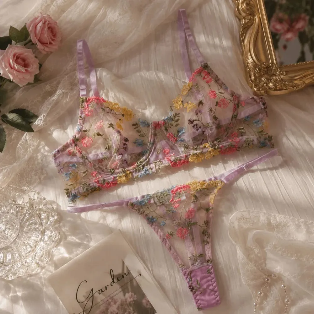 Sheer Intimates ชุดชั้นในโปร่งใสชุด Ultra-thin Elegant เย็บปักถักร้อยดอกไม้ชุดชั้นใน Push Up กางเกง Bra ชุดผู้หญิง — image 2