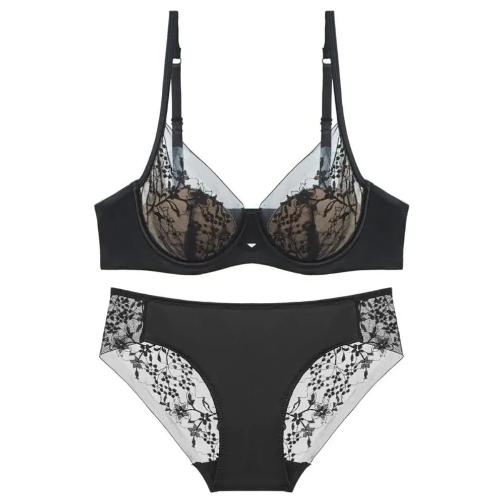 Women Lace Lingerie Set Thin Cup Minimizer Bra Panty Kit Full Coverage Breathable Intimates for Big BustFashion Daily Underwear — image 3