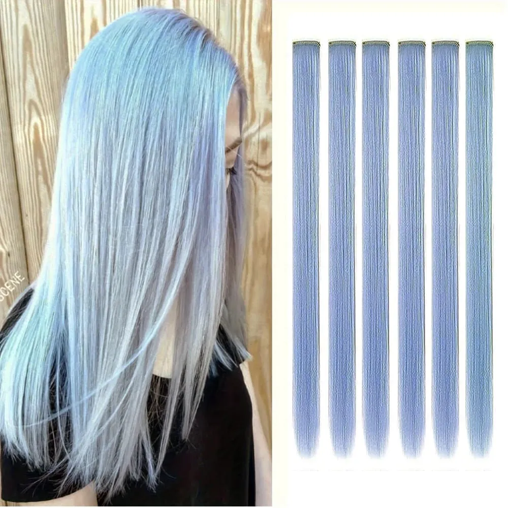 6 Stück/Packung, farbige Party-Highlights, Clip-in-Haarverlängerungen, 22 Zoll, mehrfarbig, glattes Haar, synthetische Haarteile — image 19