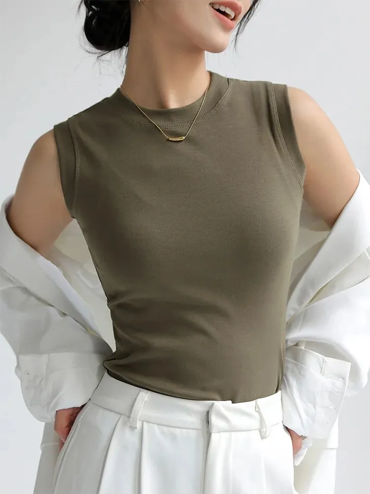 Kamisol Vest untuk Wanita Kapas Leher Bulat Berwarna-warni Asas Berbaju Dalam Tanpa Lengan Atasan Tee dengan Liputan untuk Belahan Sisi — image 7