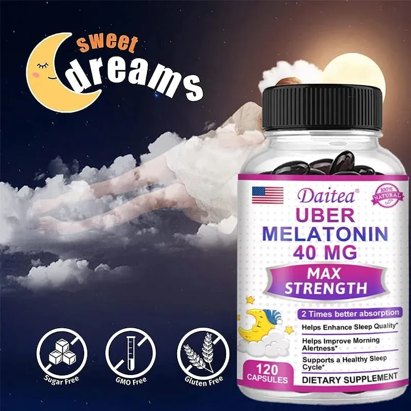 Daitea Melatonin Supplement 40mg Contains Vitamin C Theanine Extract Capsules to Promote Sleep Quality & Alertness Non-GMO — image 4