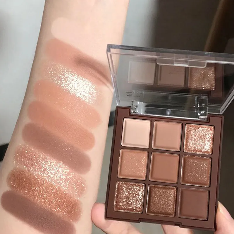 Palette di ombretti glitterati a 9 colori Palette di ombretti acrilici opachi luccicanti marrone cioccolato Cosmetici per trucco coreano impermeabili — image 2