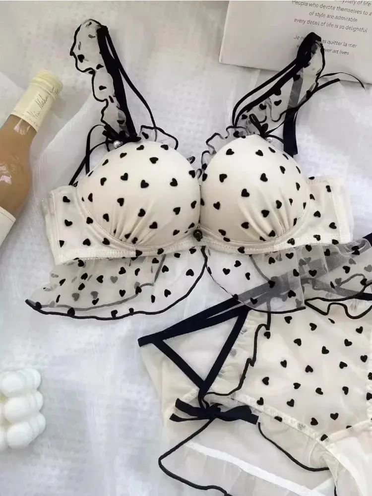 Simple léger luxe amour imprimé sous-vêtements en dentelle ensemble femmes petits seins rassembler Sexy pur désir doux soutien-gorge mignon soutien-gorge — image 2