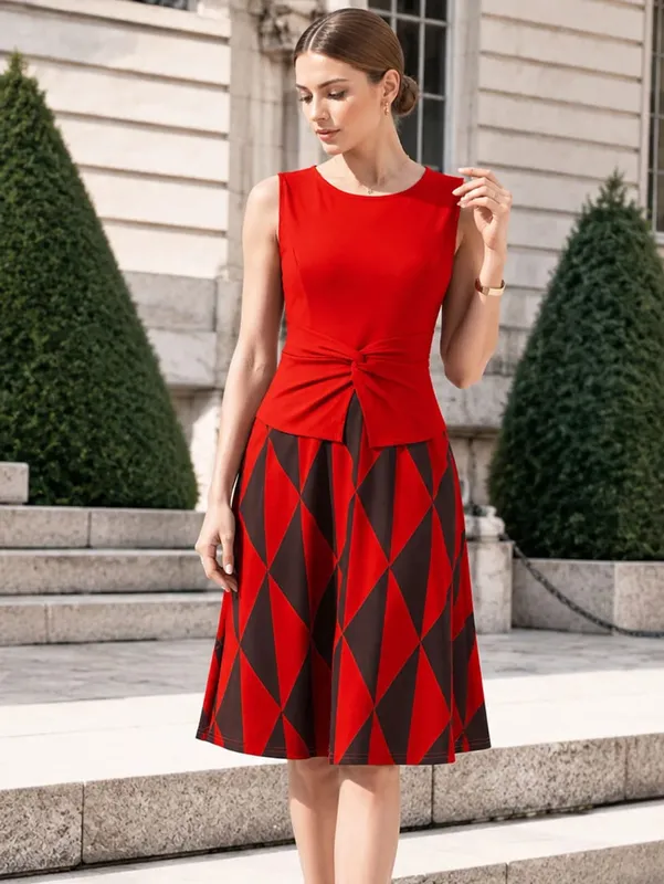 Damen Sommer-Twist-Rundhalsausschnitt, ärmellos, Schößchen, gepunktet, Patchwork, lässig, elegant, Passform und Schlag, Party-A-Line-Swing-Kleid — image 10
