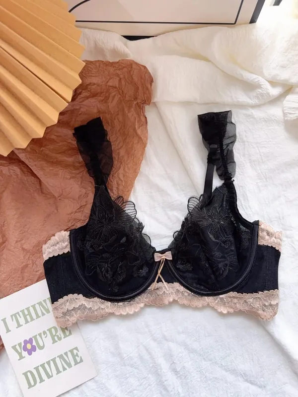 Ensemble de soutien-gorge français en dentelle florale, à armatures douces, bonnet de lapin Ultra fin, grande taille, minimiseur, ensemble de Lingerie Sexy pour femmes, usage quotidien — image 10