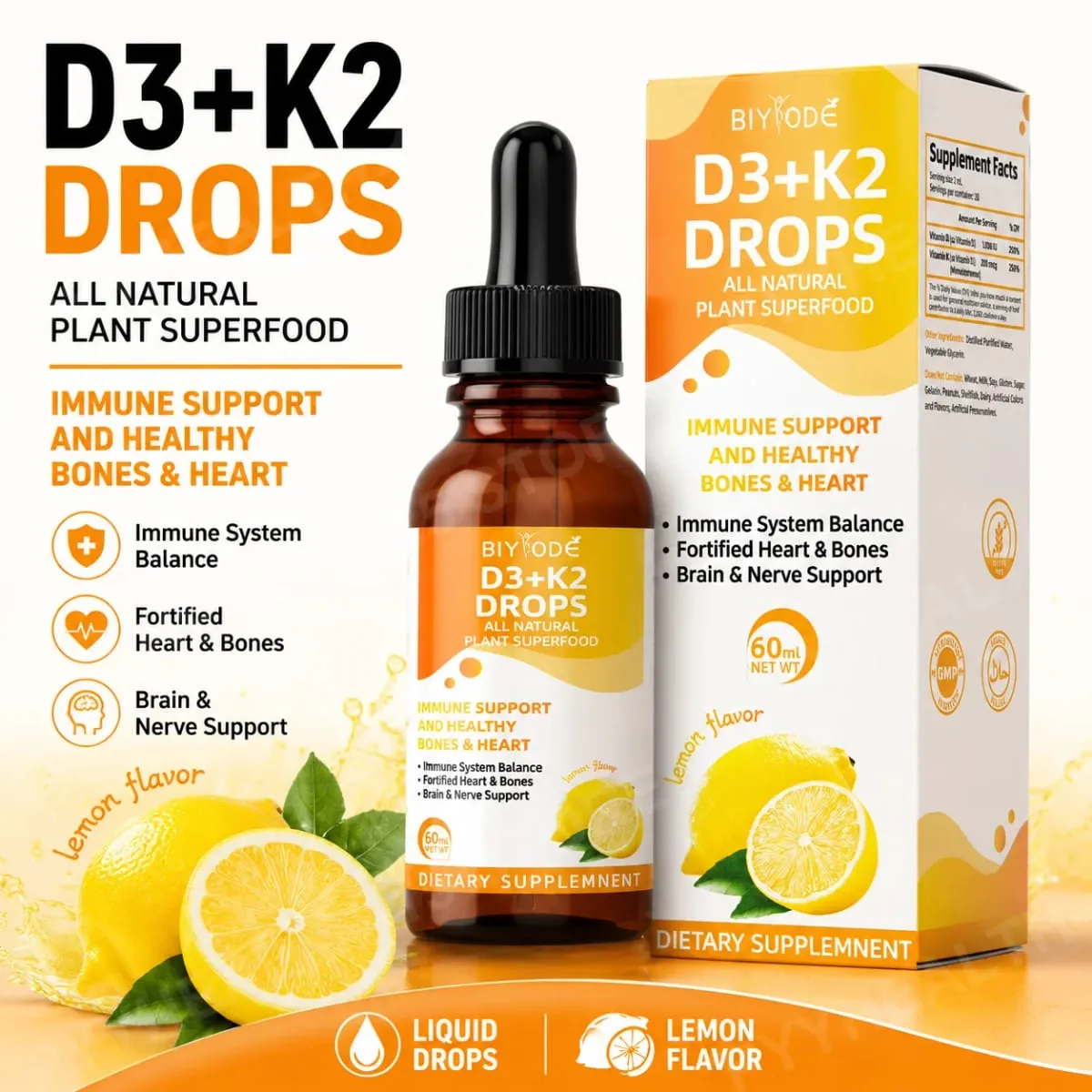 Vitamine D3 K2 Gouttes liquides Absorption du calcium et soutien osseux 1000 UI D3 au goût de citron K2 60 ml 30 portions — image 2