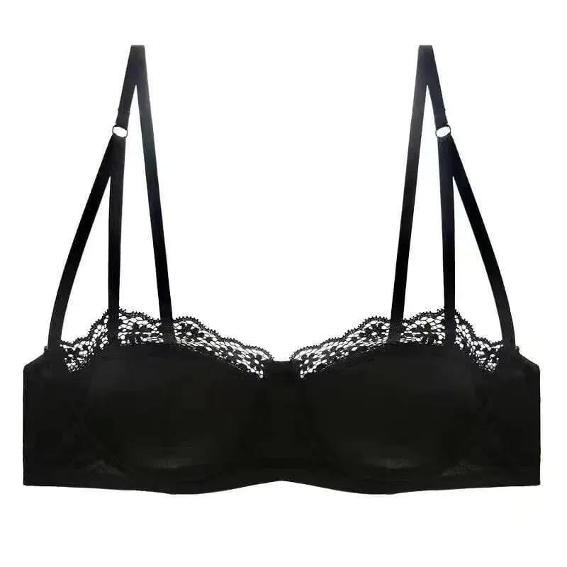 Conjunto de sutiã meia xícara de cetim sexy com anel de aço fino e confortável suporte superior borda de renda verde lingerie brilhante para mulheres — image 13