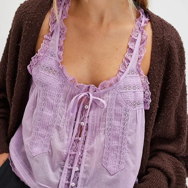 Y2Kปุ่มขึ้นลูกไม้Trim Patchwork Cami TopsหลวมFitรอบคอเสื้อกั๊กแขนกุดOutwear Gilet Crop Tank Topsสำหรับผู้หญิง — image 10