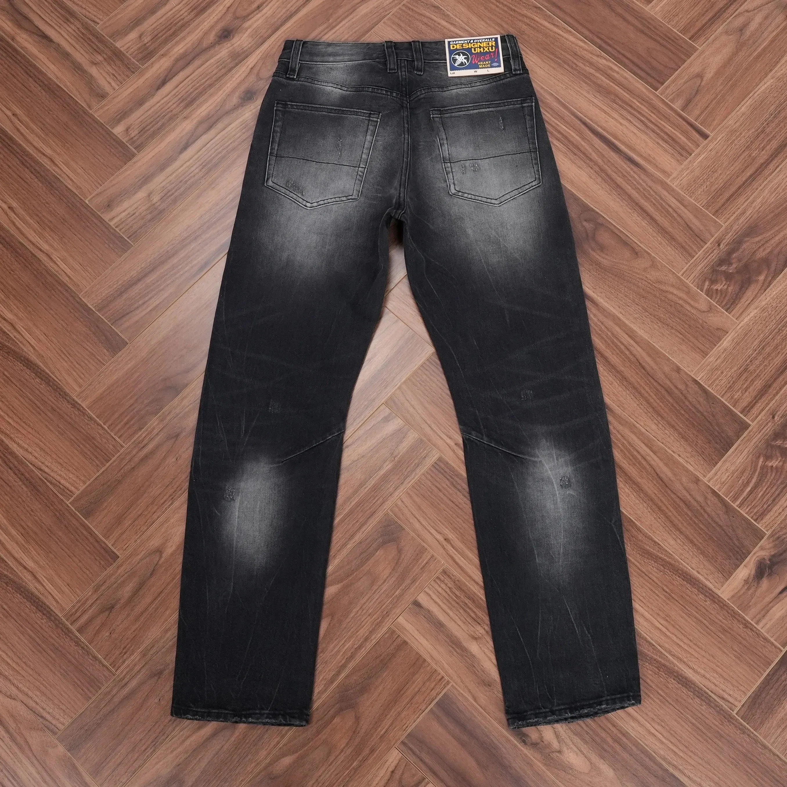 Jeans in denim nero-grigio lavato a molla di alta qualità per uomo Pantaloni casual comodi e dritti dal design invecchiato con buco strappato — image 2