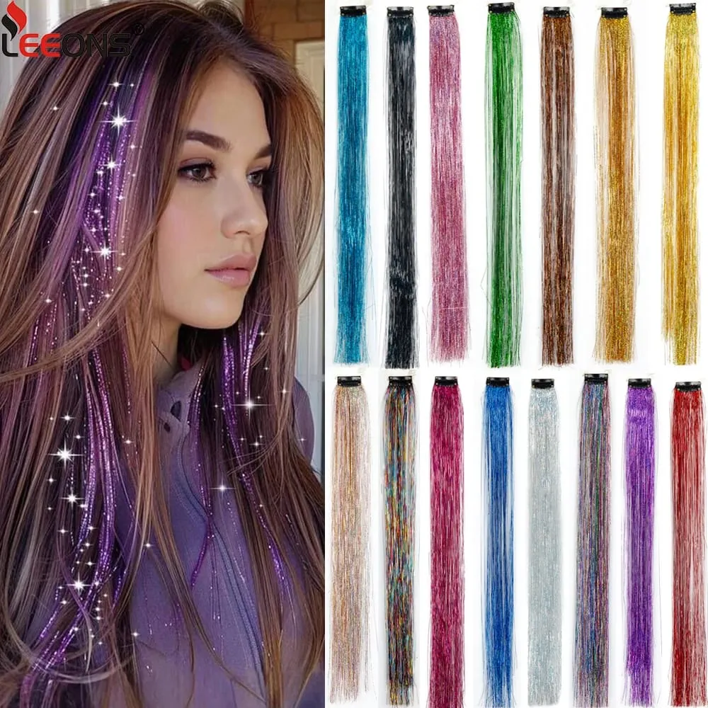 Punti salienti della festa color arcobaleno dritto Clip nelle estensioni dei capelli Pezzo di capelli scintillante Posticci sintetici Rosso scintillante — image 2