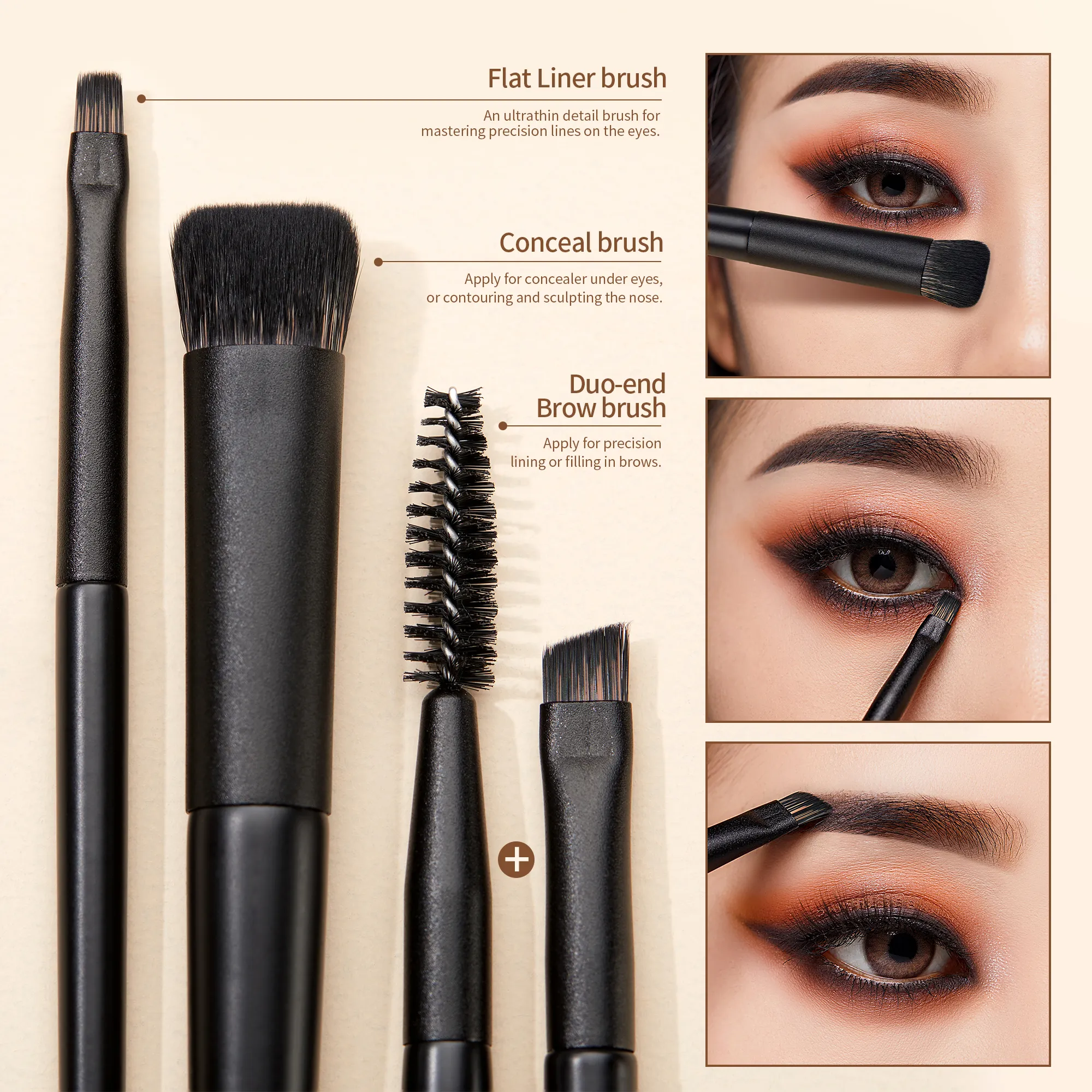 Zestaw pędzli do cieni do powiek Jessup 10 szt. Pędzel do oczu blendowanie cieni Flat Liner Crease Duo-end Brow Spoolie Broach elegancki czarny T337 — image 4