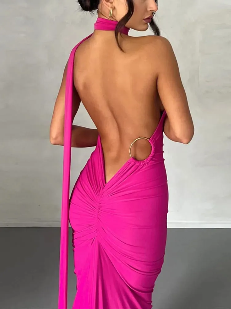 Pakaian Neon Y2K Satu Bahu Tanpa Lengan Tanpa Belakang Tanpa Belakang Ruched Bodycon Gaun Maxi untuk Pesta Hari Lahir Kelab Wanita Prom Petang — image 5