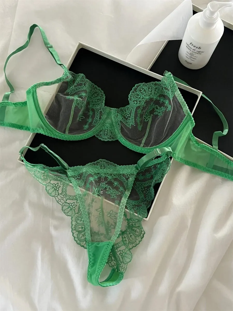 Sexy Lace Push Up Bra Set Transparent Triangle Cup & Romantic Green Lace Underwear for Women — image 5