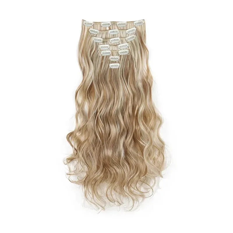 Coiffure longue droite 16 Clips 7 pièces/ensemble Extensions de cheveux postiches synthétiques blondes noires naturelles résistantes à la chaleur pour les femmes Kp — image 24