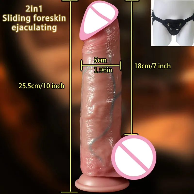 2 en 1 consolador súper realista pene deslizante prepucio eyaculación Miembro grande penetración Anal masturbación femenina Sexy juguetes sexuales para adultos