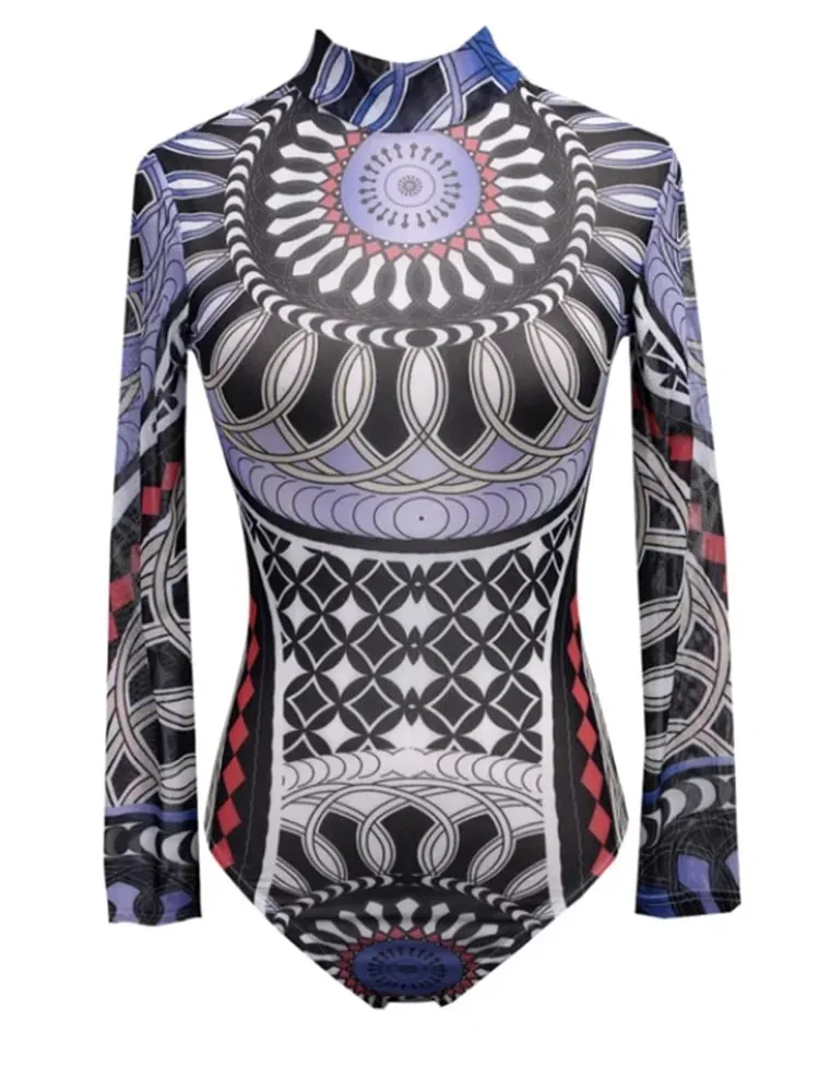 Body a rete da donna Body body a maniche lunghe con stampa etnica vintage Top trasparente attraverso tute da club sexy — image 3
