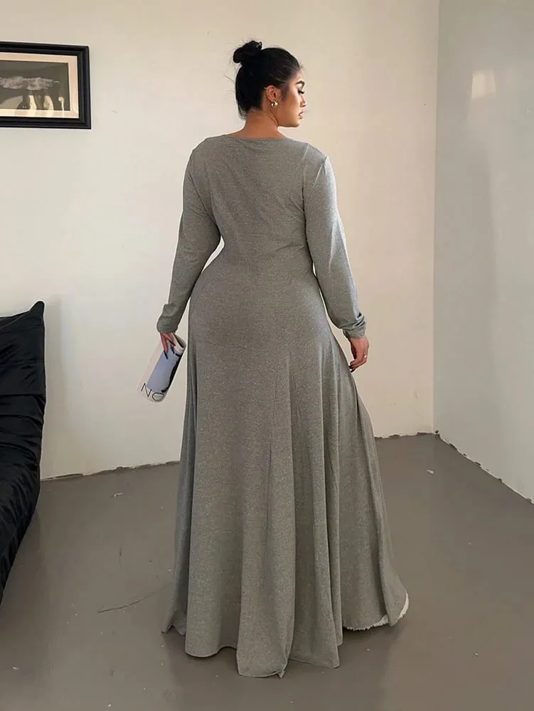 Robe longue fluide trapèze élégante en tricot de couleur unie grande taille | Robe longue pour femme | Style décontracté et de banlieue — image 6