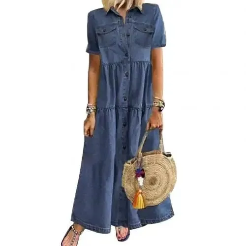 Retro Frauen Kleider 2022 Kurzarm Drehen Unten Kragen Taschen Taste Lange Lose Denim Kleid Sommer Langes Kleid