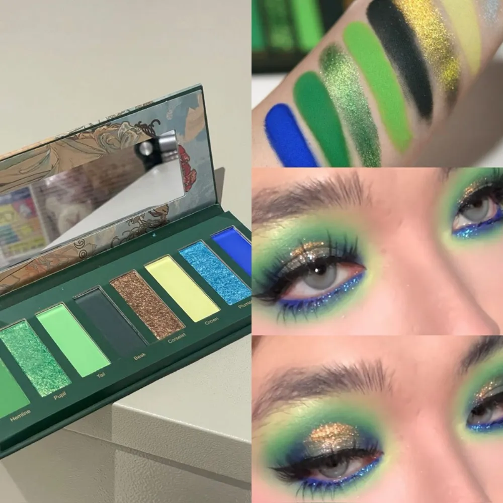 8-färgs rökt grön ögonskuggspalett metallisk blå pärlemorskimrande glitter ögonskuggsplatta Diamant ljusare höjdpunkter makeup — image 2