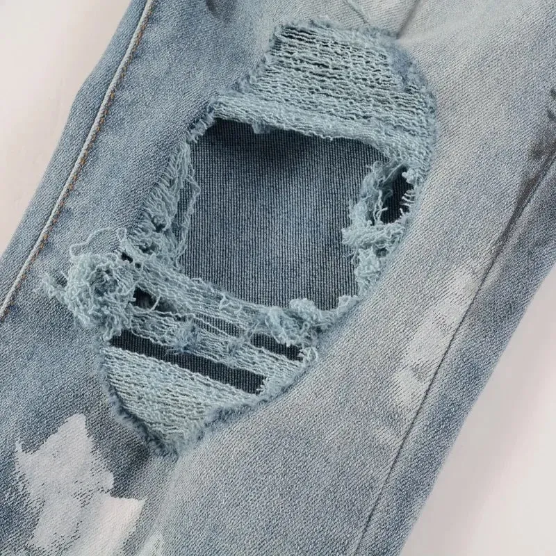 Blue High Street หลุมคริสตัลโปร่งใส Patchwork ยืด Slim Fit Rhinestones แพทช์ Distressed Ripped Graffiti กางเกงยีนส์ผู้ชาย — image 6