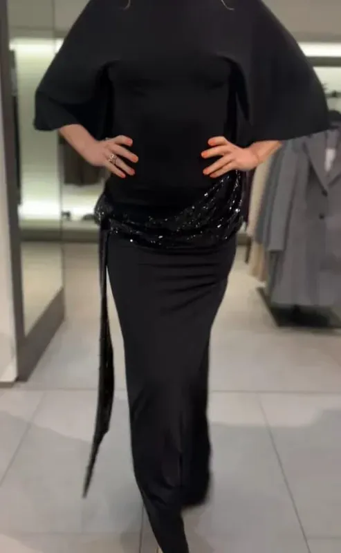 Paljett Patchwork Rygglös Klänning Kvinnor Elegant Solid Mellersta ärm Smal midja Smal långa Klänning Mode Kvällsfest Vestidos