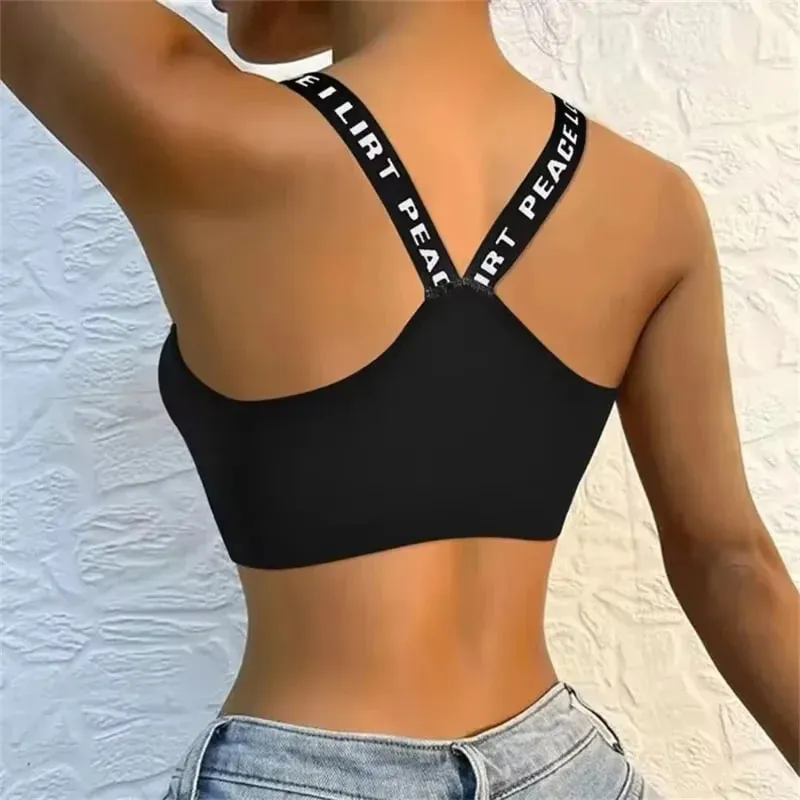 Pakaian Aktif Senaman Selesa Tanpa Pakaian Dalam Sukan Underwire Wanita Yoga Fitness Seamless Crop Top Wide Letter — image 3