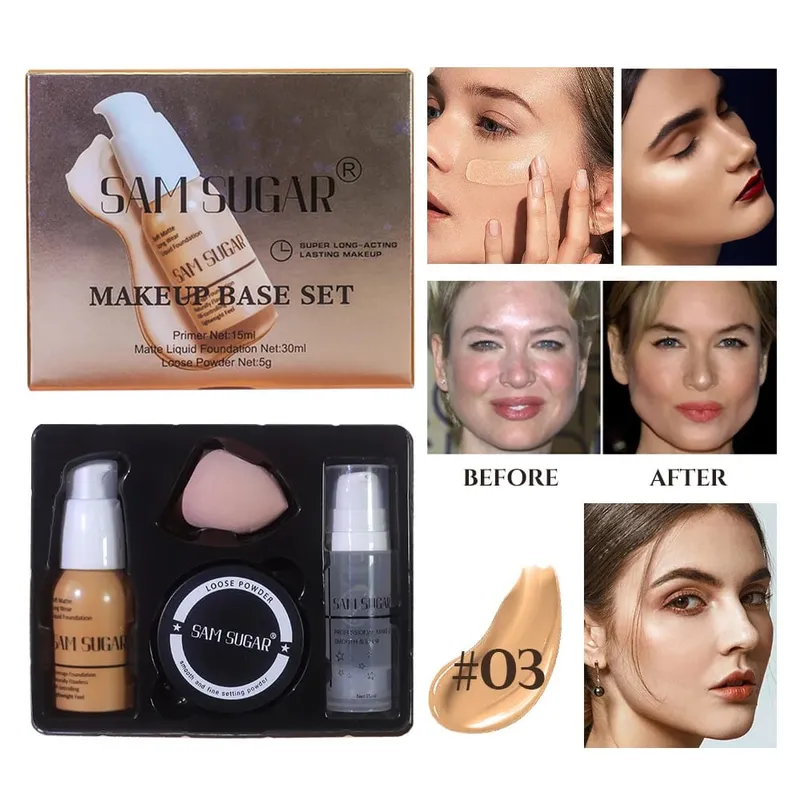 Makeup Base Sæt med 15ml Primer 30ml Matte Foundation 5g Løs Powder Puff For Glat Fejlfri Hud Longwear — image 9