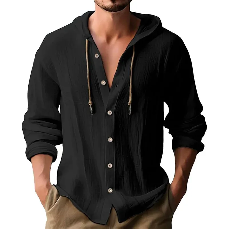 Men's Solid Color Casual Shirt Hooded Drawstring Cotton and Linen Cardigan Trendy and Versatile Loose Beach T-Shirt — image 5