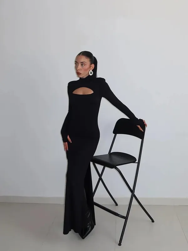 Ahagaga Sexet Skede Dame Maxi Kjoler Solid rullekrave Regular Langærmet Udhulet Slim Fit Bodycon Fest Vestidos Robes