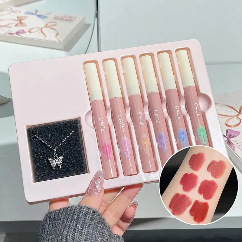 6 สี Matte Liquid ลิปสติกแต่งหน้าชุด Matte Long Lasting Lipgloss Tint กันน้ำ Lip Mud พร้อมสร้อยคอของขวัญเครื่องสำอาง — image 2