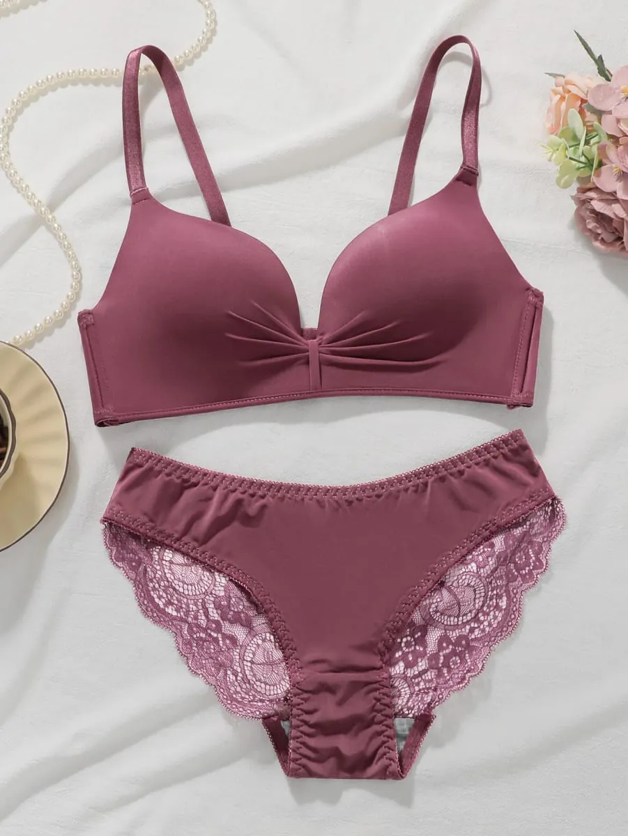 Einfarbiges Spitzen-BH-Set für Damen, drahtlos, ohne Bügel, Push-Up-BH und Höschen, 2-teiliges Set, tägliche, bequeme Dessous — image 1