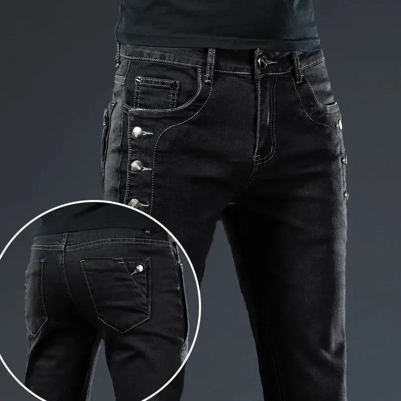 Nye Mænd Slim Button Sort Skinny Jeans Ensfarvet Stretch Skateboard Multi-knap Youth Mandlige denimbukser — image 11