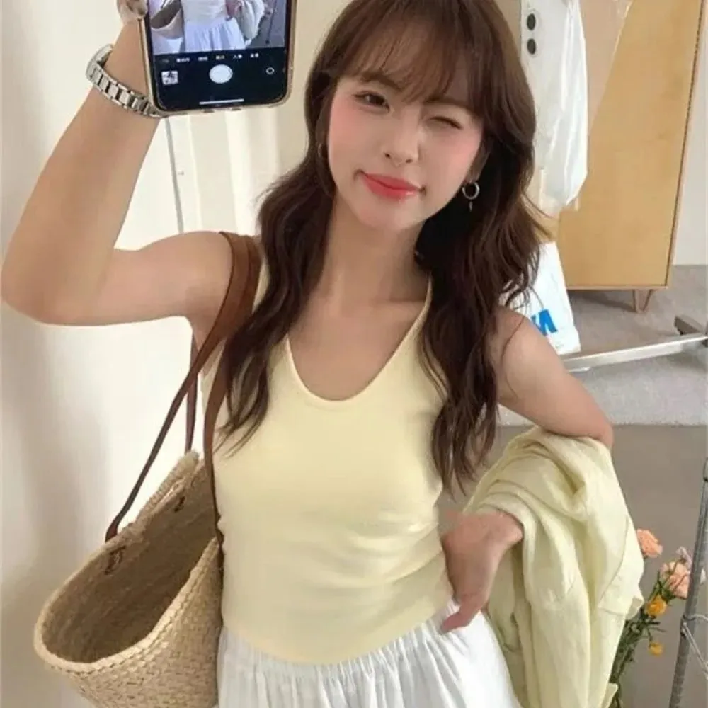 Gaya Korea dengan Tali Alas Dada Vest U-Neck Warna Pejal Tanpa Belakang Tanpa Lengan Atasan Pelangsingan Camis Wanita Musim Panas — image 13