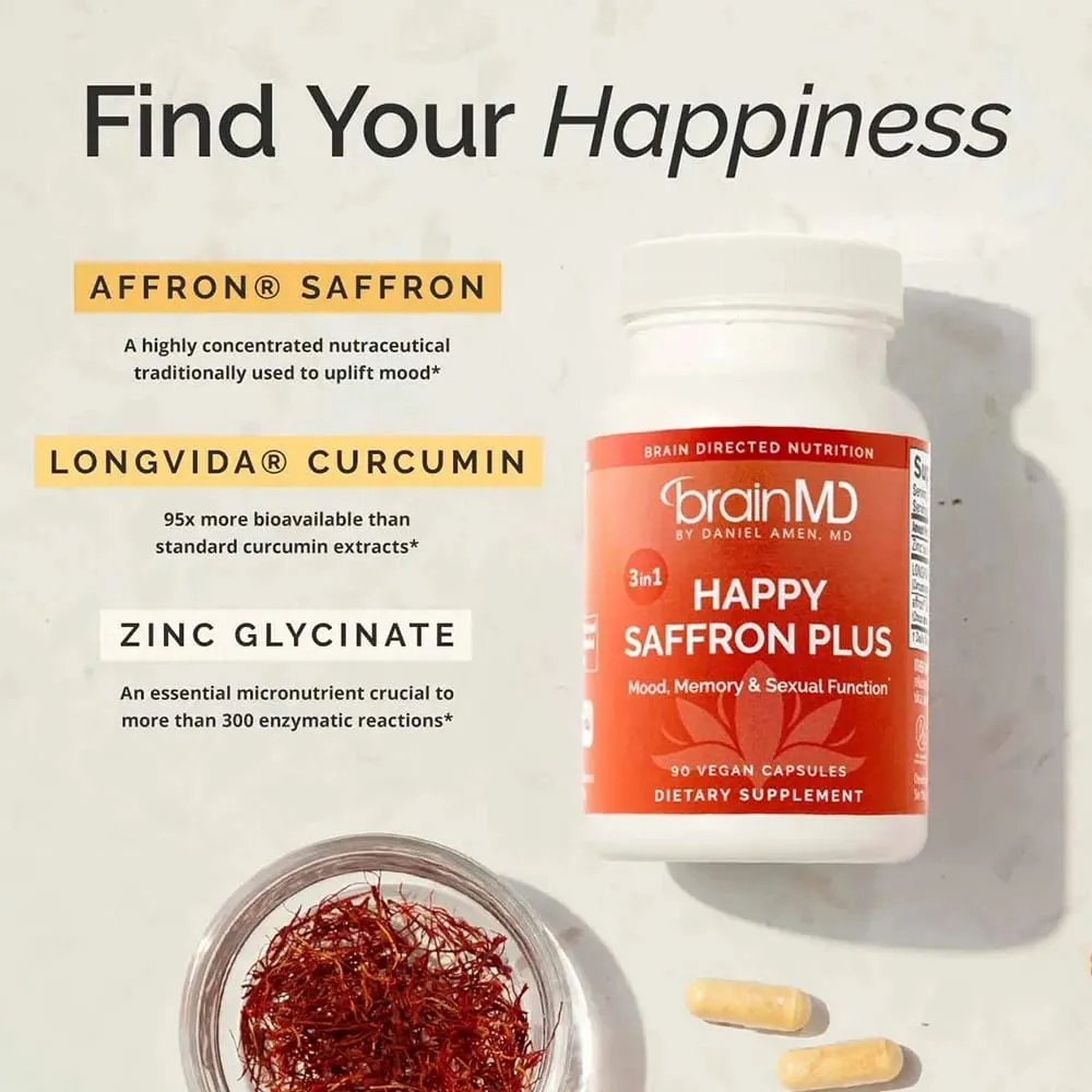Suplemento Happy Saffron Plus para memória de humor - 90 cápsulas - com extrato de flor de açafrão, curcumina e zinco - vegano sem glúten — image 3