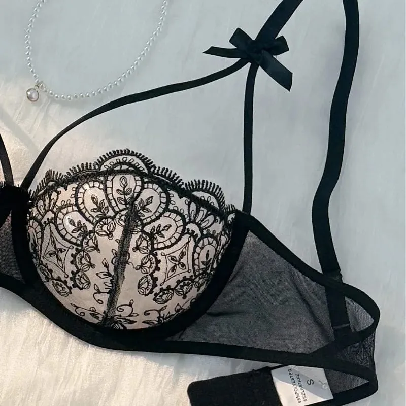 Ensemble 2 pièces noir confortable et léger pour femmes, ensemble soutien-gorge et culotte en dentelle brodée, Semi-transparente, bretelles réglables — image 5